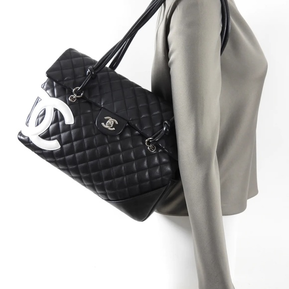 CHANEL Black Lambskin Leather Cambon Handbag Limited Edition White CC Logo RARE - Picture 4 of 16